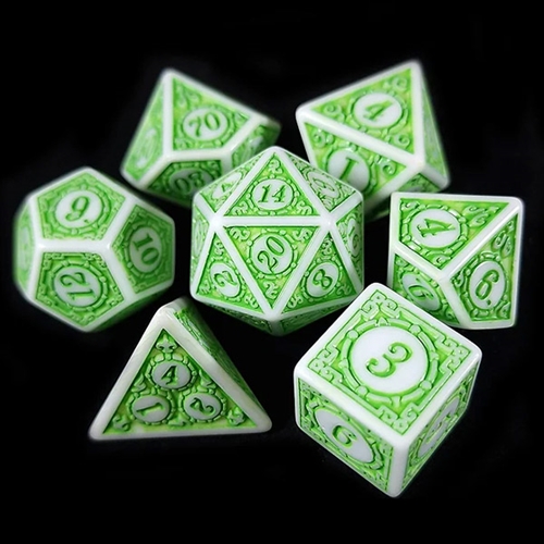 Green & White Acrylic Pattern Dice Set - Rollespilsterninger - Lindorm Dice